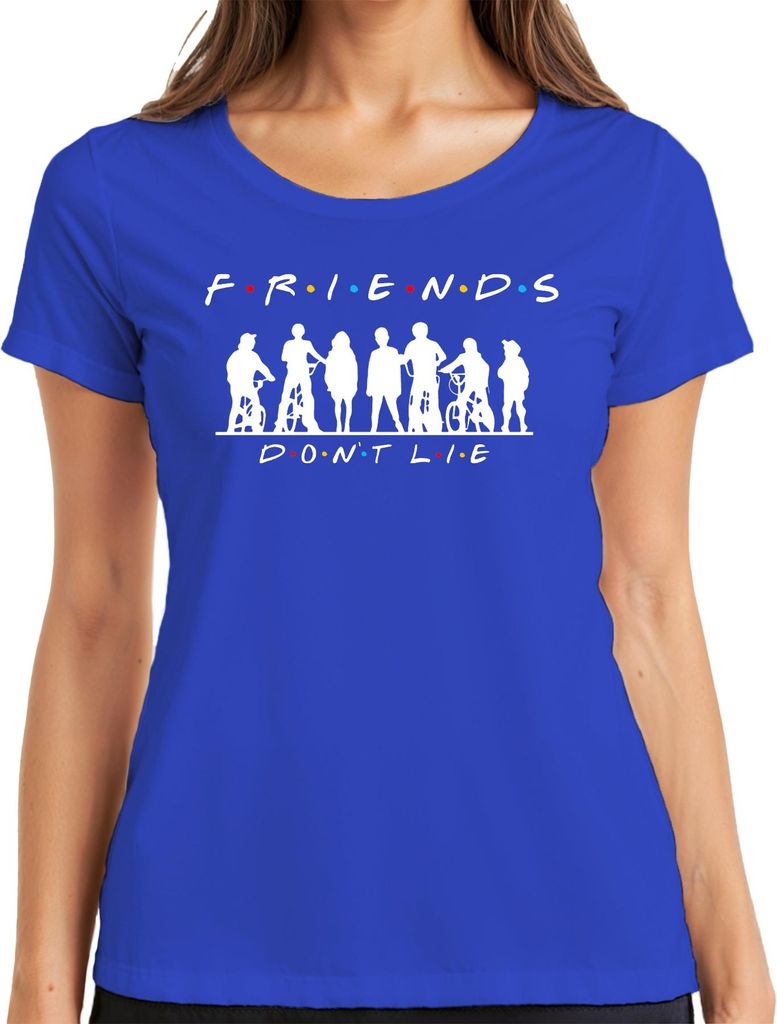 FRIENDS DON'T LIE Stranger Kids Fahrräder 80er Retro Hawkins Elf Damen T-Shirt, Blau, XL