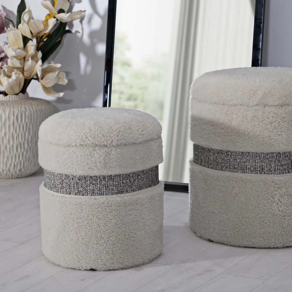 Pouf de Rangement en Tissu Crème Saint-Moritz - Lot de 2 Tabourets - 12