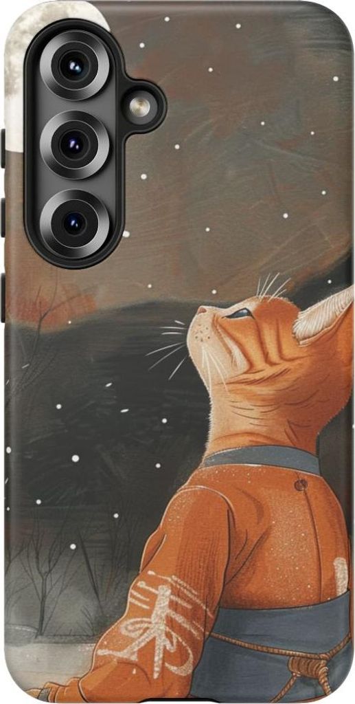 Nachdenkliche orangefarbene Katze im traditionellen Gewand beim Mondschein – Hülle Kompatibel mit Galaxy S25