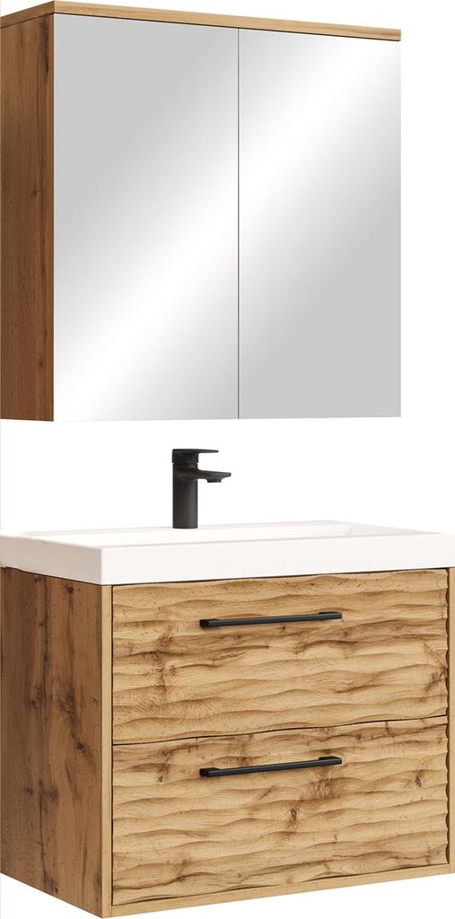 A bathroom vanity set with a mirrored cabinet and a sink with a faucet.