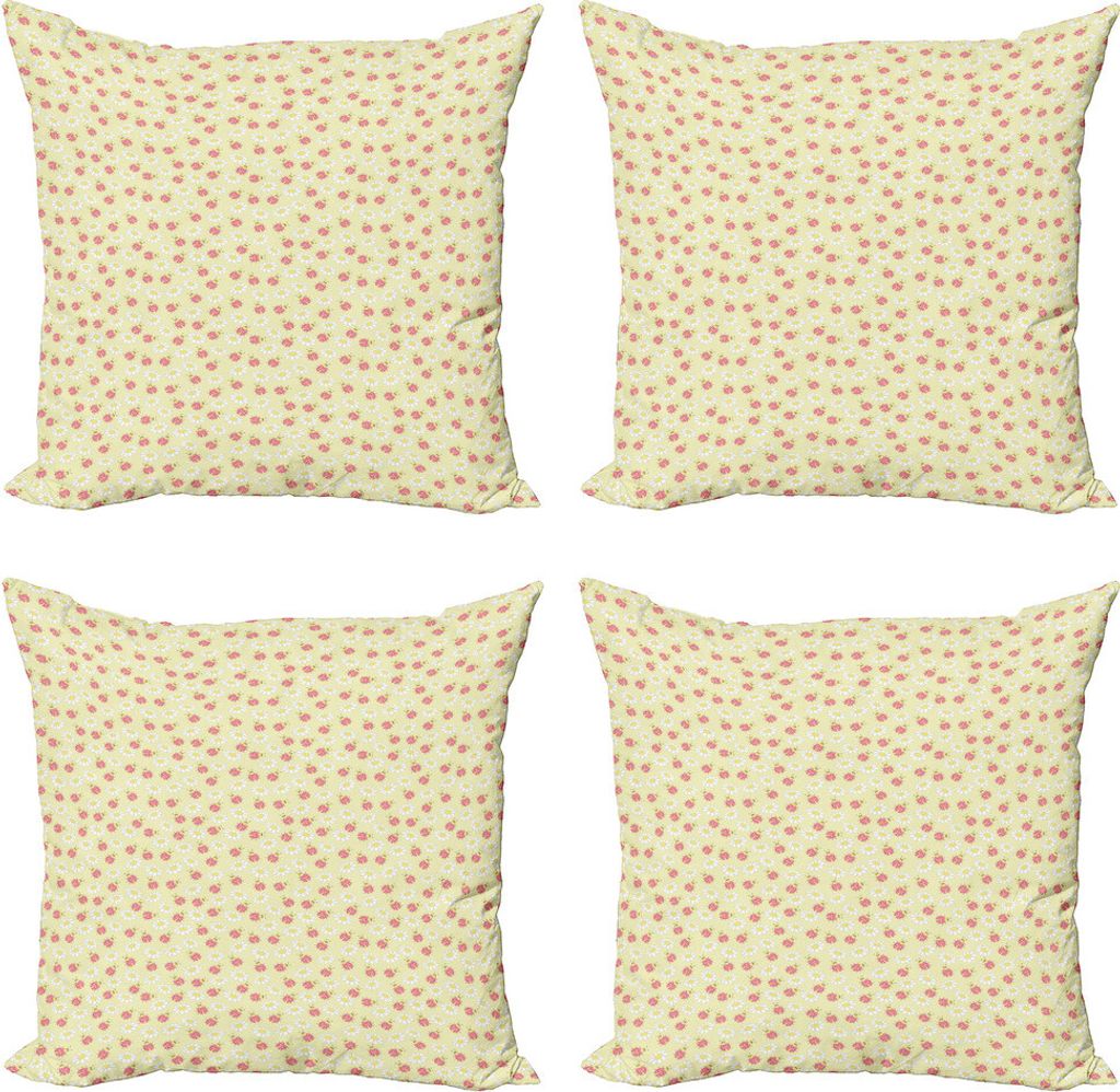 ABAKUHAUS Marienkäfer Kissenbezug Set (4 Stück), Daisy und Bugs Muster, Moderner Doppelseitiger Digitaldruck, 45 cm x 45 cm, Blassgelb Weiß