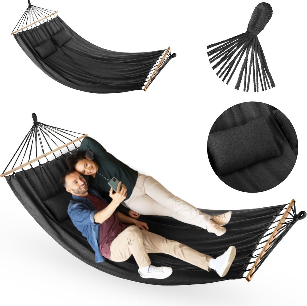 Outtec Hängematte mit Kissen - 200x150 cm, bis 200kg - Baumwoll Hammock für Outdoor, Garten, Balkon - für Kinder und Erwachsene