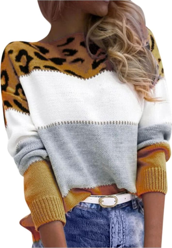 ASKSA Damen Strickpullover Langarm Rundhals Sweater Patchwork Knit Sweatshirt Herbst Winter Elegant Pullover Warme Lose Pulli,Gelb,3XL
