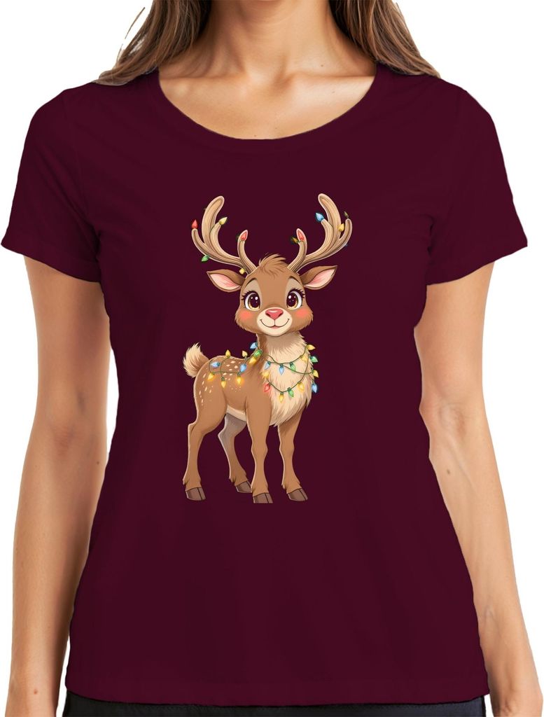 Weihnachtsrentier Lichterkette niedlich Cartoon Kinder Geschenk Damen T-Shirt, Burgundy, M