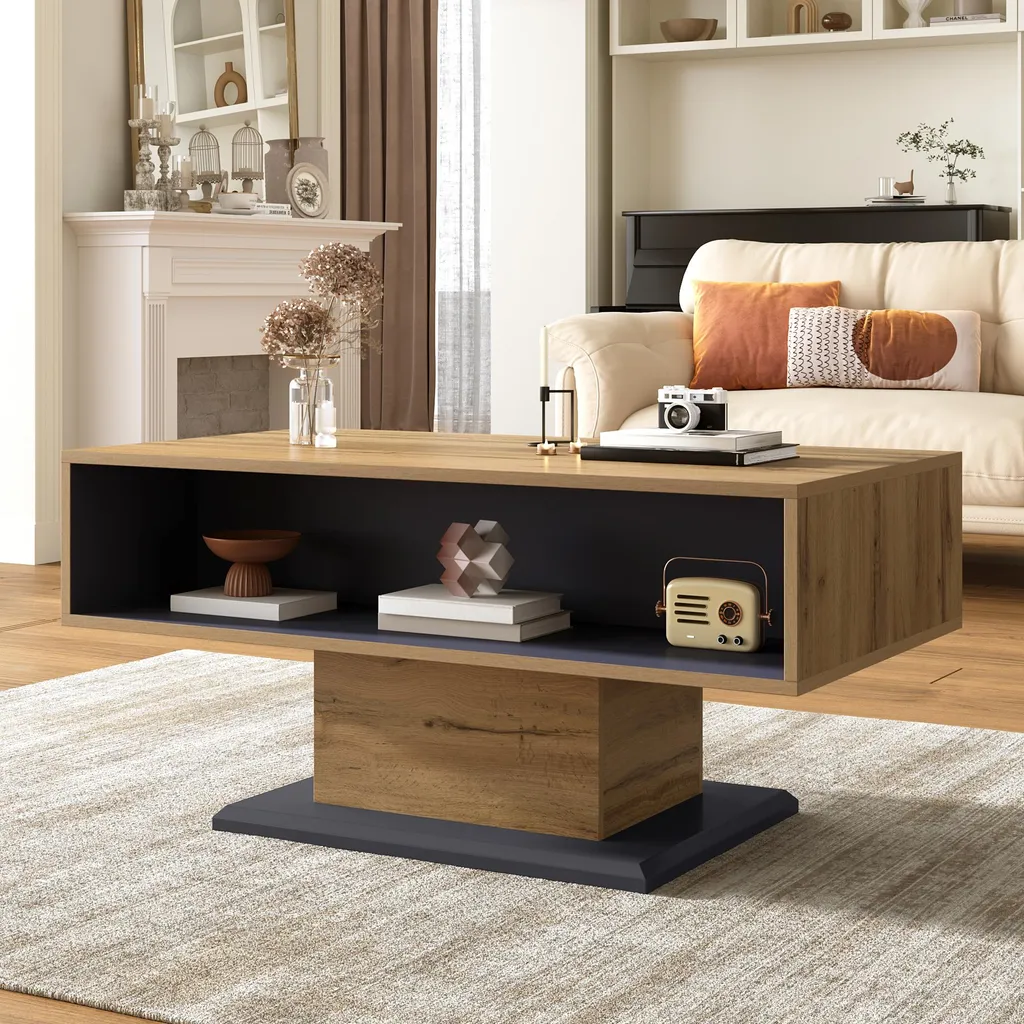 Table basse bicolore 100 cm avec rangement double face gris et bois