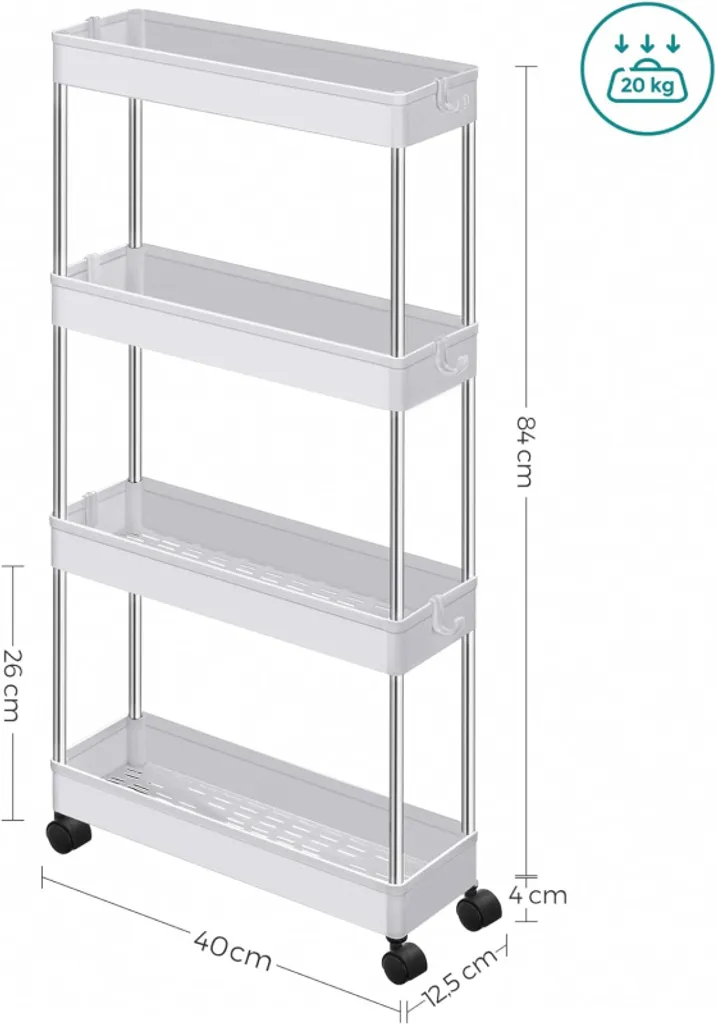 Solution gain de place : Étagère fine 4 niveaux mobile - Blanc