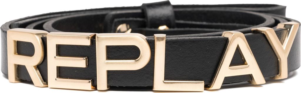 REPLAY Damen Leder-Gürtel - Glattleder, schmal, Metall-Logo mit Glanzfinish Schwarz 85 cm