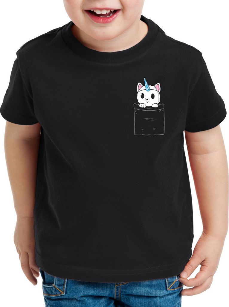 style3 Unicorn Pocket Cat Kinder T-Shirt Einhorn Katze Brusttasche