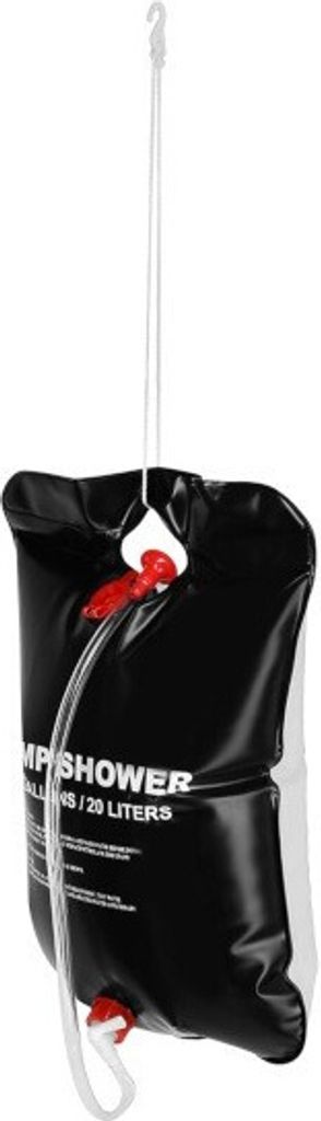 A black portable shower bag with a hose and a hook for hanging.