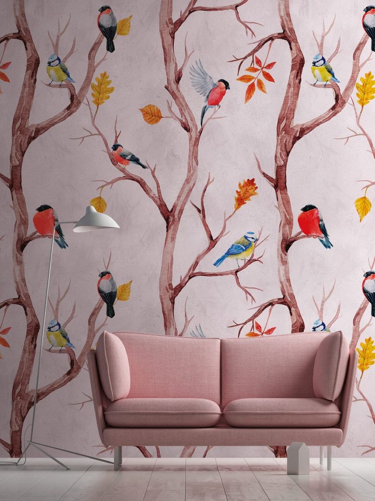 NEWROOM Tapete Rosa Vliestapete Bäume - Wandbild Modern Braun Gelb Vögel Blätter Tapete Floral Vögel