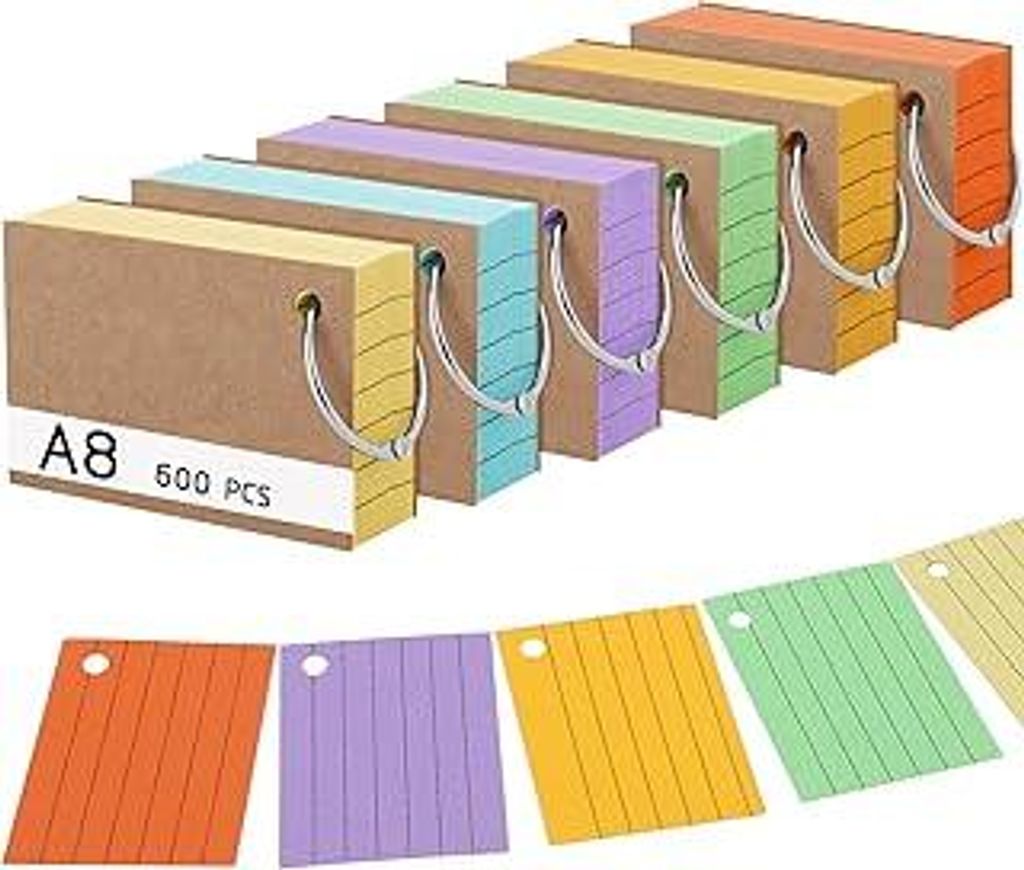 600 Stücke Karteikarten, A8 Linierte Lernkarten mit Krafteinband und Loseblattring, 150g/m² Lernkarten in 6 Farben für Vokabel Lernen, Schule, B...