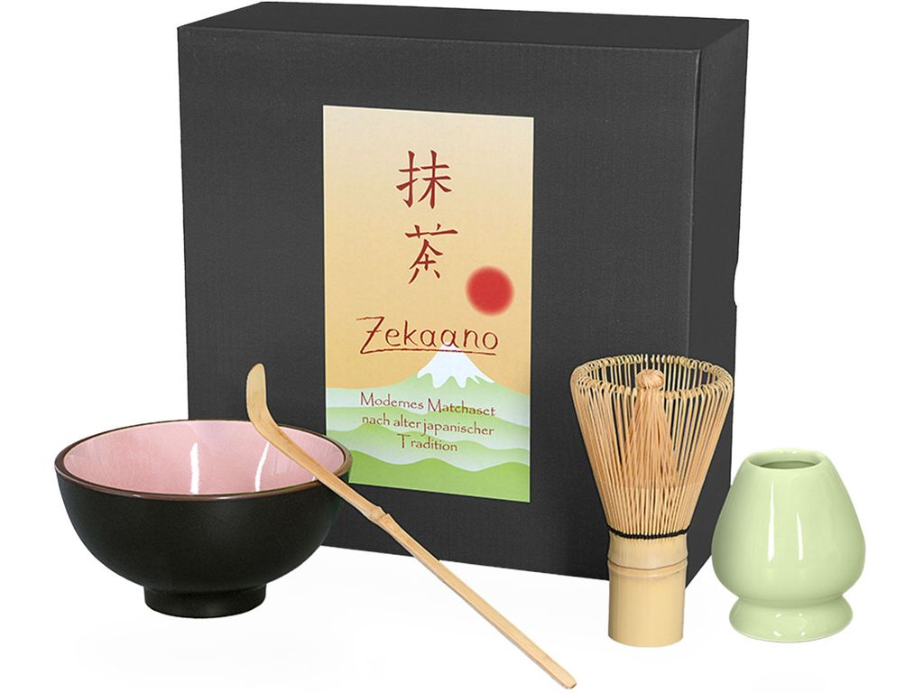Matcha Set / Matchaset mit Matcha Schale 250ml rosa, Besen, Löffel und Halter in Geschenkbox