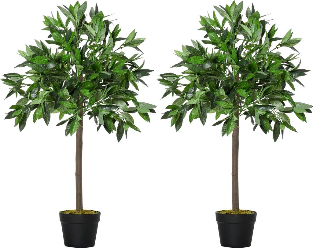 2er-Set Künstlicher Lorbeerbaum, 90 cm, Kunstpflanzen im Zementtopf, Kunststoff-Pflanzen für drinnen und draußen, Grün