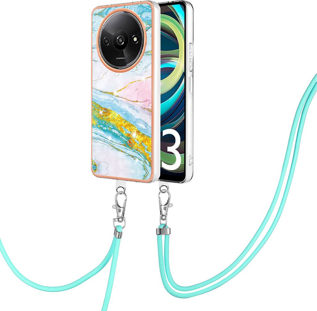 Handykette Hülle für Xiaomi Redmi A3 Muster TPU Schutzhülle mit verstellbarem Tragegurt Türkis