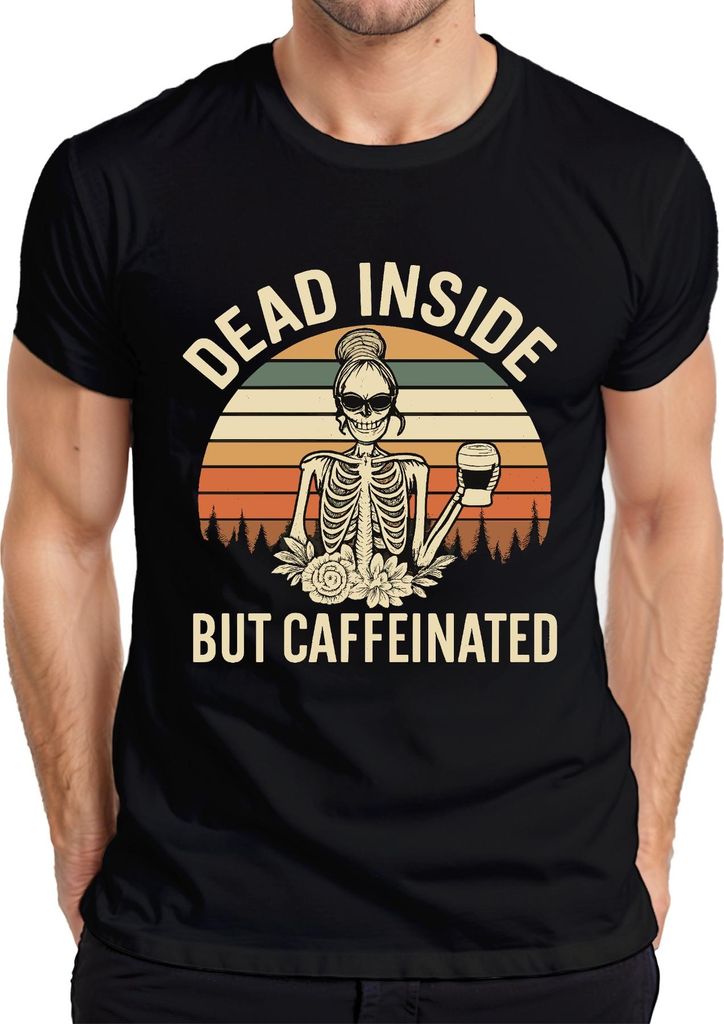 Dead Inside But Caffeinated Kaffee Skelett Gothic Halloween Retro Herren T-Shirt, Schwarz, XL