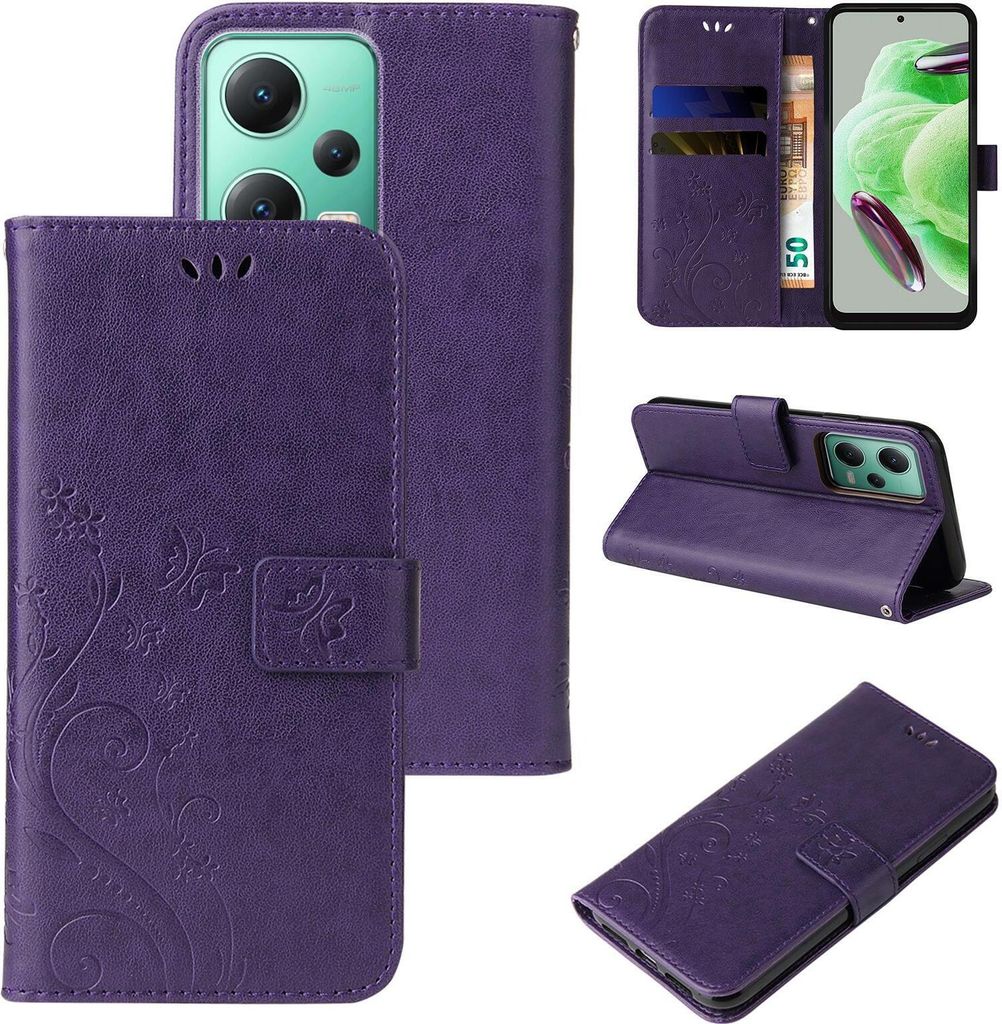 A collage of images showcasing a purple floral butterfly flip phone case for a Xiaomi Redmi Note 12 5G.