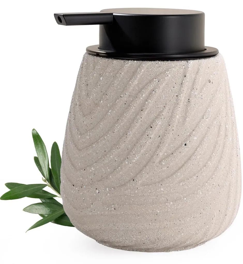 Distributeur de savon anti-gaspillage en grès beige et pompe inox mate