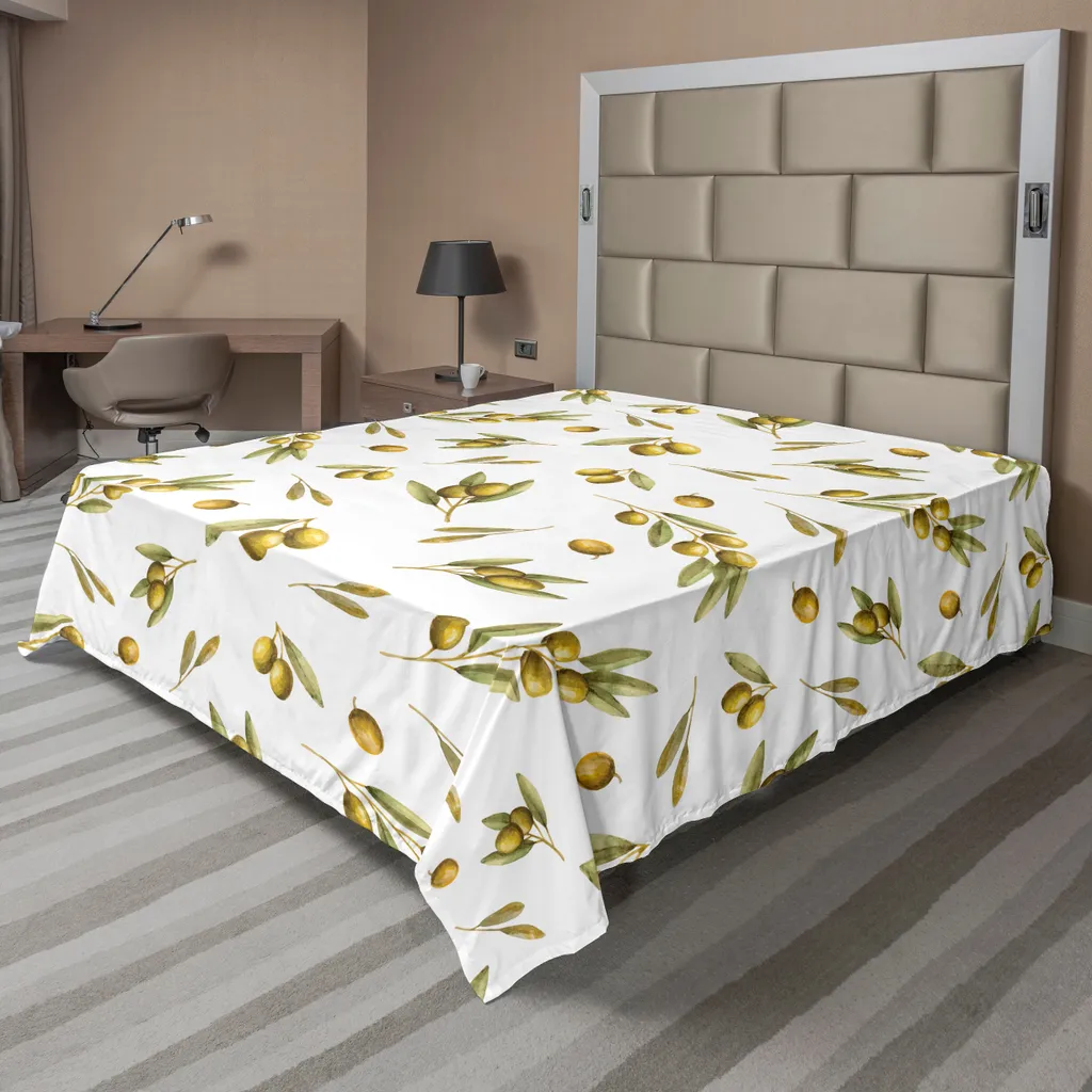 ABAKUHAUS Lenzuolo, acquerello mediterraneo con rami e foglie di ulivo con stampa artistica naturale, lenzuolo morbido e confortevole per un letto decorativo 1 pezzo 275 cm x 260 cm, giallo verde