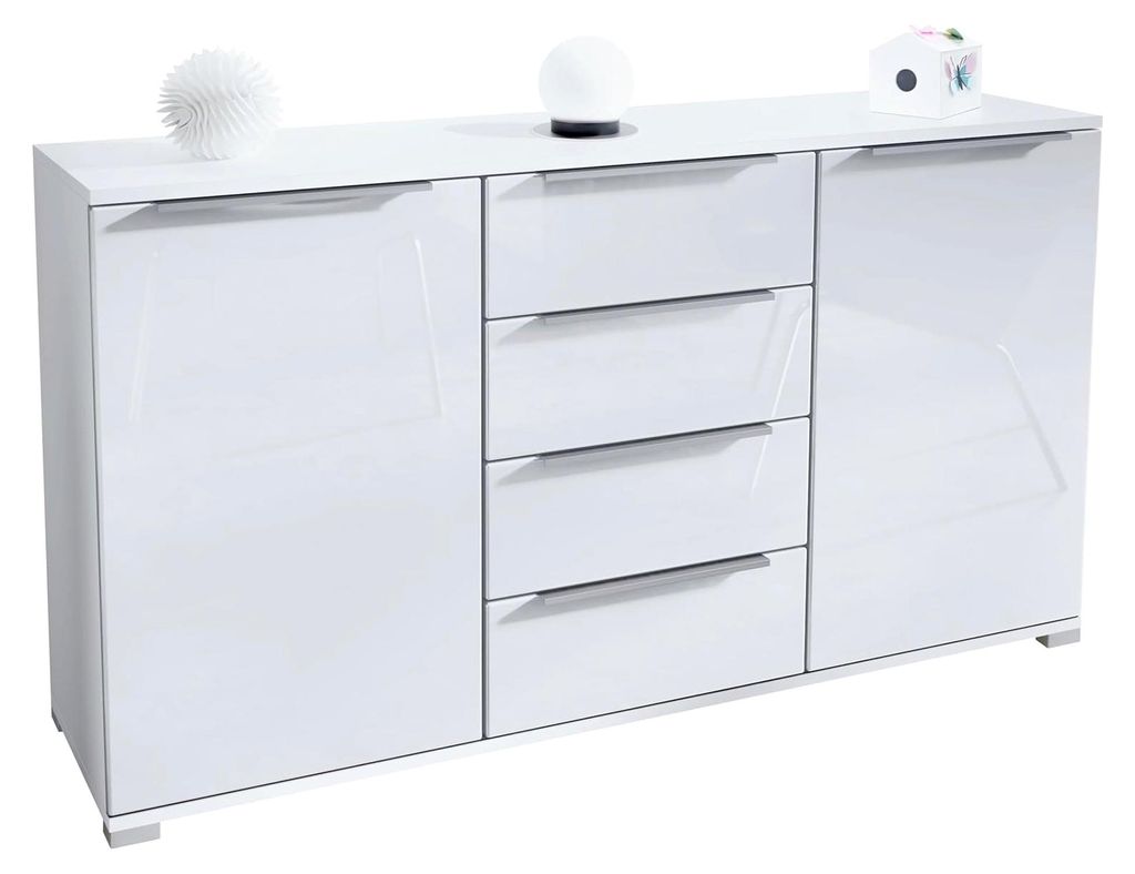 Sideboard Linio V1, Anrichte mit 2 Türen und 4 Schubladen, Weiß matt/Weiß Hochglanz (138,5 x 75,5 x 35 cm)