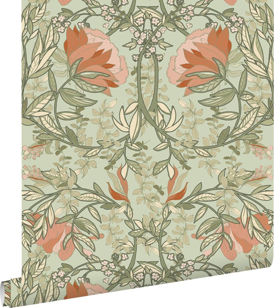 ESTAhome Tapete Blumenmuster im Jugendstil Grün und Terrakotta 50 x 900 cm