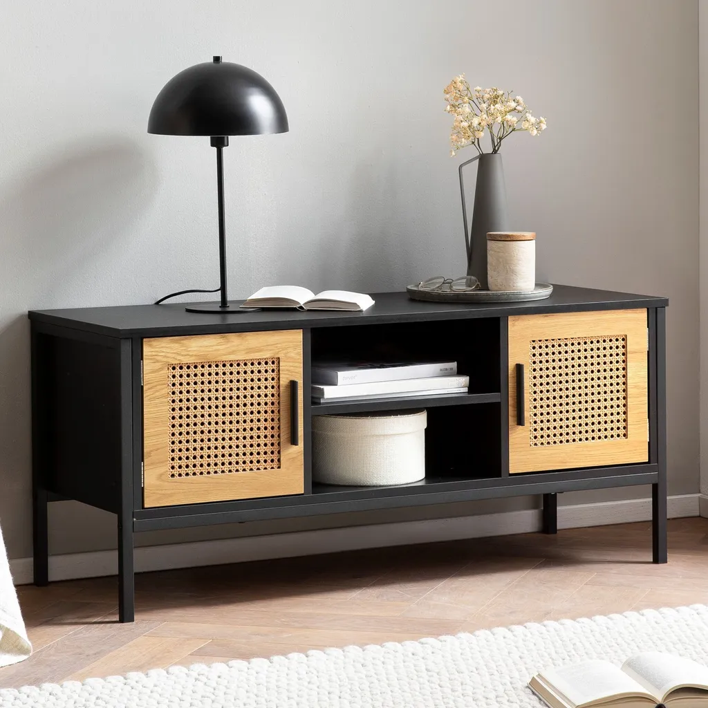 Meuble TV Wohnling Noir et Chêne avec Cannage en Rotin de Vienne 110cm