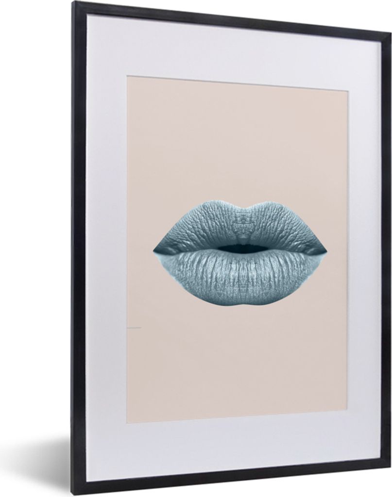 MuchoWow MuchoWow Gerahmtes Poster Lippen - Pastell - Grau 30x40 cm - Poster mit zchwarzem Bilderrahmen - Wandposter Schlafzimmer