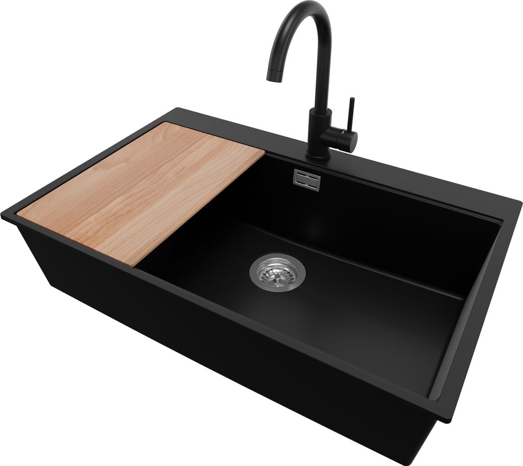 PRIMAGRAN Granitspüle Schwarz 78x50cm, Spülbecken 1 Becken + Küchenarmatur 32x20cm + Ablauf-Set + Schneidebrett, Küchenspüle ab 80er Unterschr...
