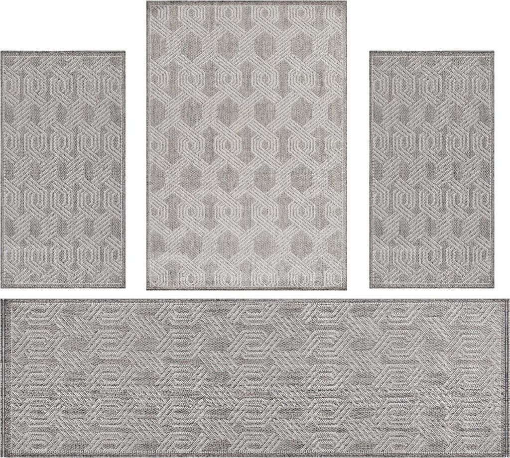 Villa Möbel Aruaro Teppich-Set Grau - 4-teiliges Set für Ihr Zuhause, Grösse:1 x 160x230 cm + 2 x 80x150 cm + 1 x 80x250 cm