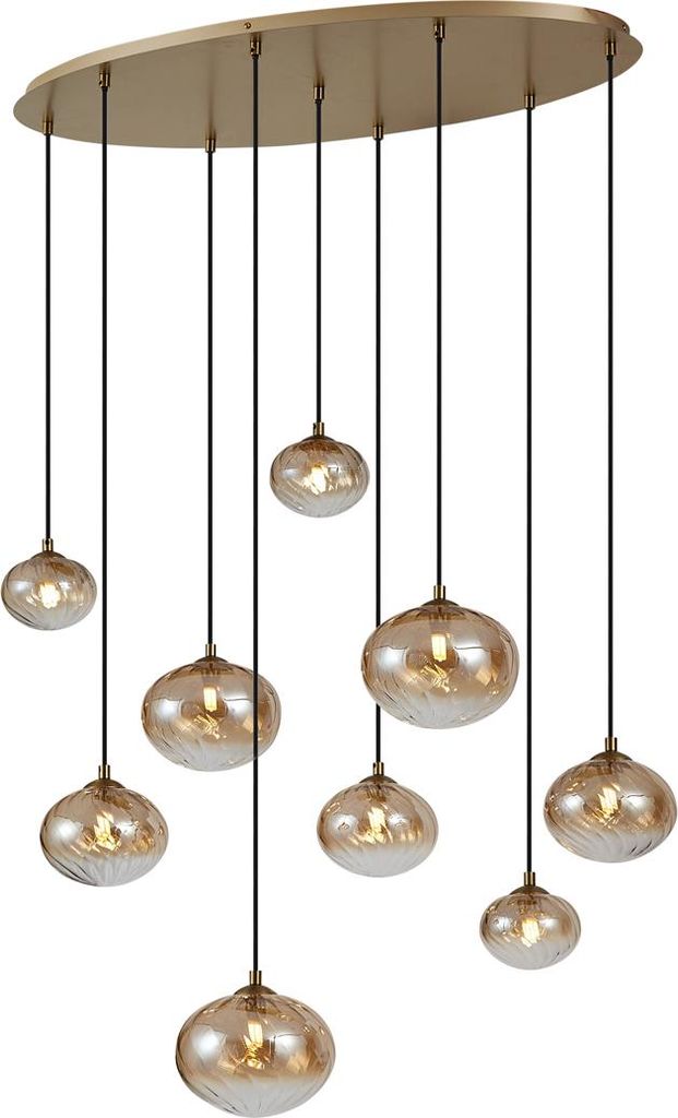 QAZQA - Art Deco Art-Deco-Hängelampe I Pendellampe I Pendelleuchte Gold I Messing mit bernsteinfarbenem Glas 9-flammig - Jia I Wohnzimmer I Schlaf...