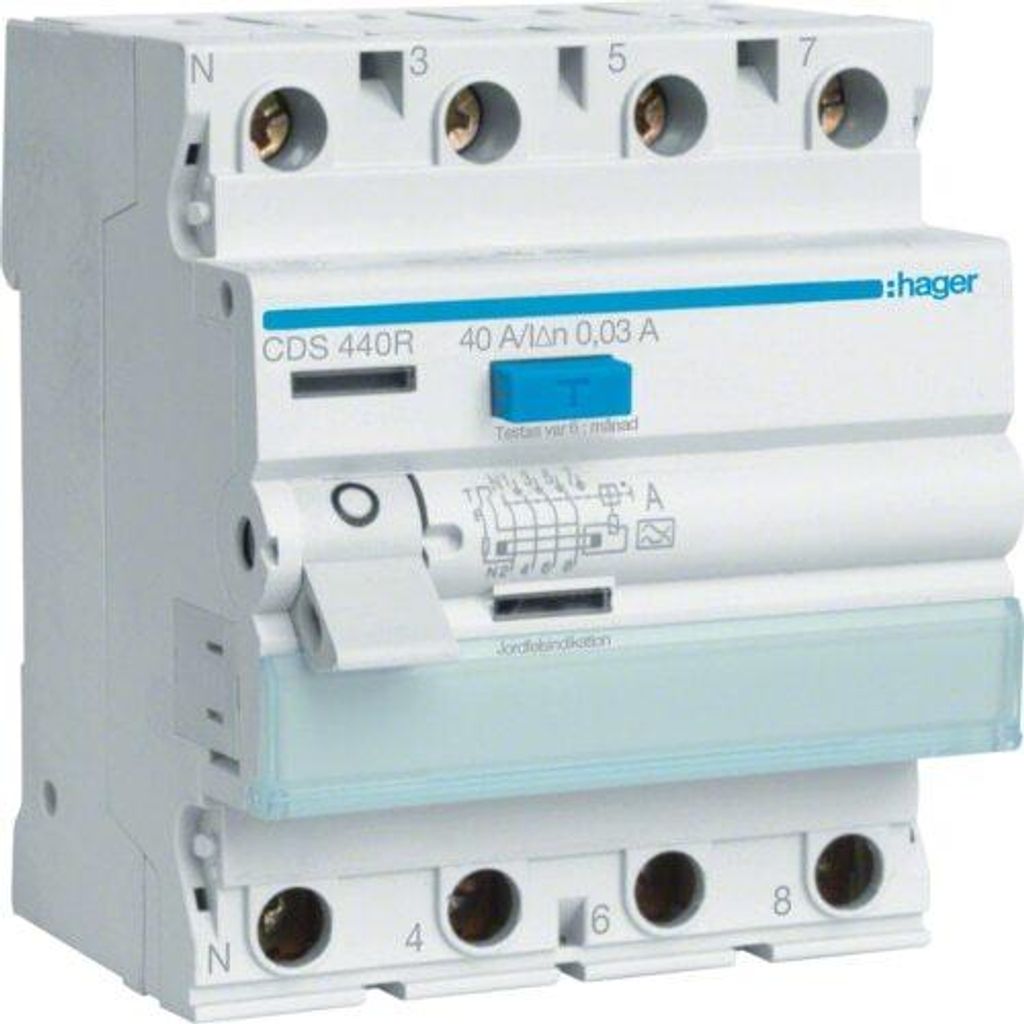 HAGER RCCB Fehlerstromschutzschalter 3P+N 40A 30mA Typ A QuickConnect lewy N CDS440 CDS440R