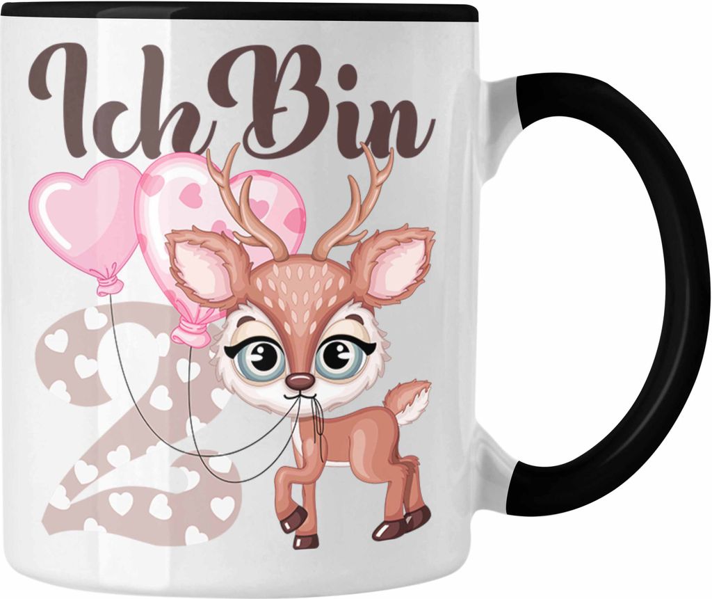Trendation - Ich Bin 2 Jahre Alt Tasse Geschenk Süßes Reh 2. Geburtstag Geschenkdiee Mädchen Tochter (Schwarz)