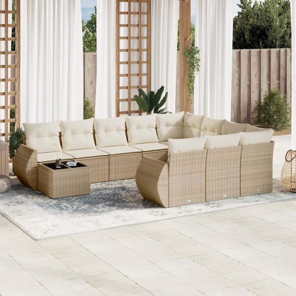 Design 11-tlg. Garten-Sofagarnitur mit Kissen Beige Poly Rattan, Gartensofas 2024 Neu