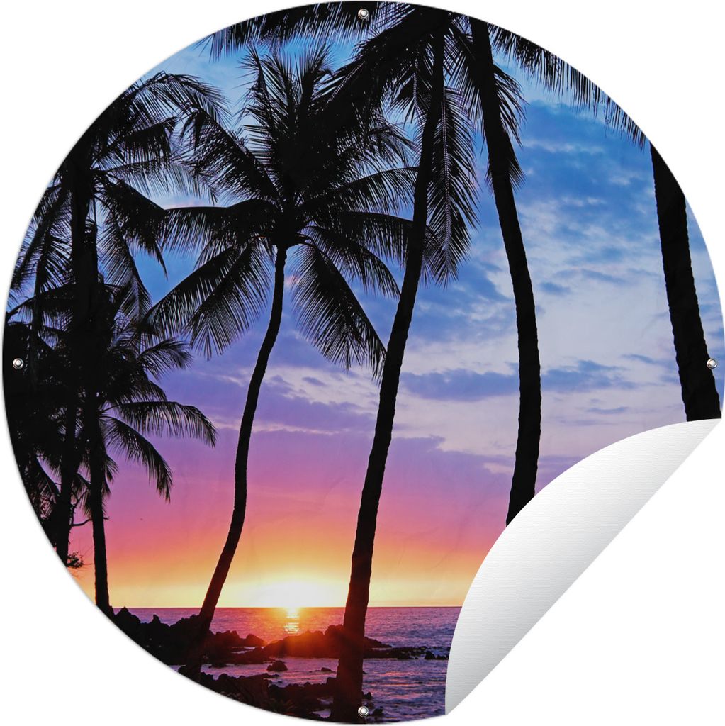 MuchoWow Gartenposter Outdoor-Poster Rund Der farbenprächtige Sonnenuntergang hinter einer Reihe von Palmen auf Hawaii Ø 120 cm Gartendeko Rund...