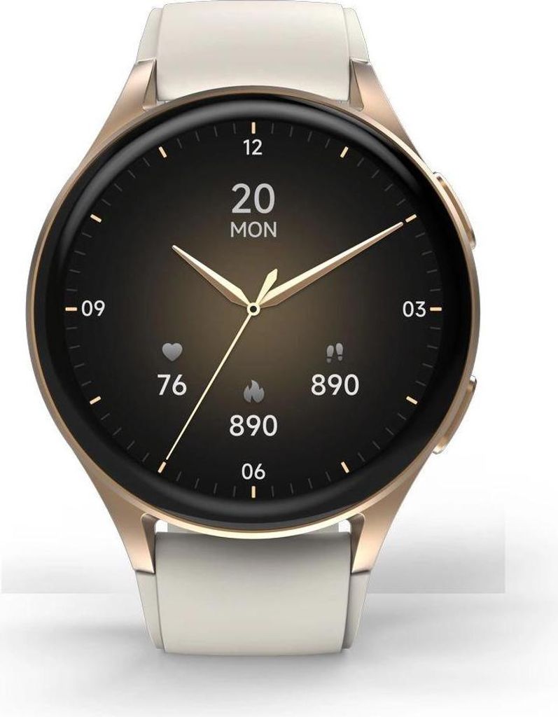A close-up, front-facing view of a smartwatch with a gold bezel and a white strap, displayed on a white background.