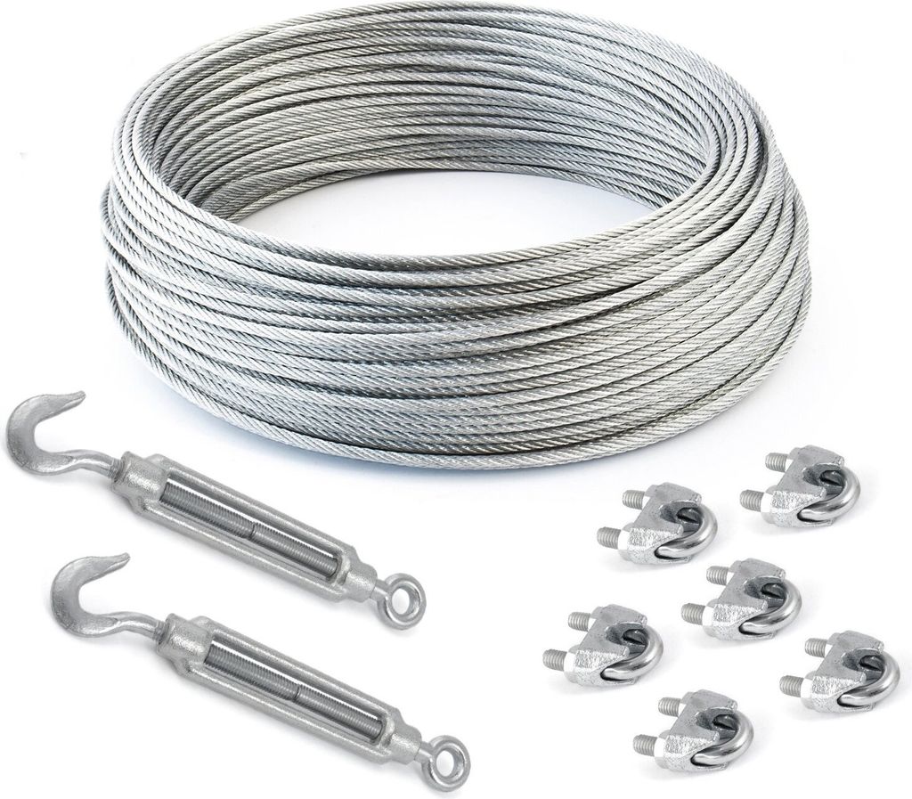STAHLSEIL + 6 Klemmen + 2 Spannschloss Haken-Ose 6mm 5 Meter 6x19 Seil Seile Drahtseil DIN verzinkt