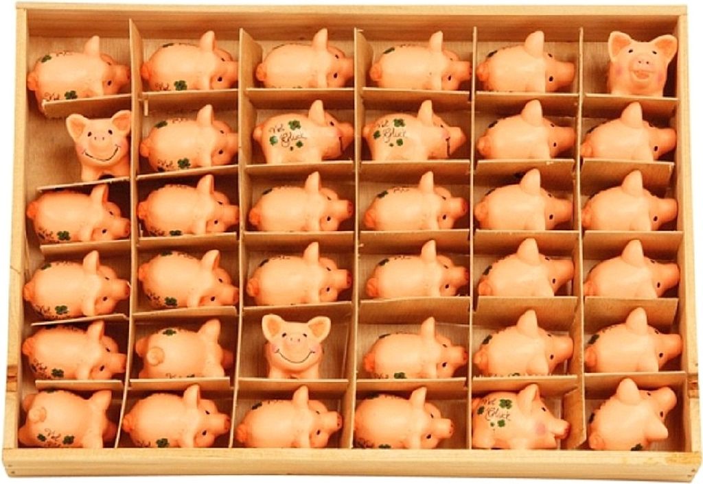 36  Glücksschweinchen Ferkel in Holzkiste Glücksbringer Produktbild 