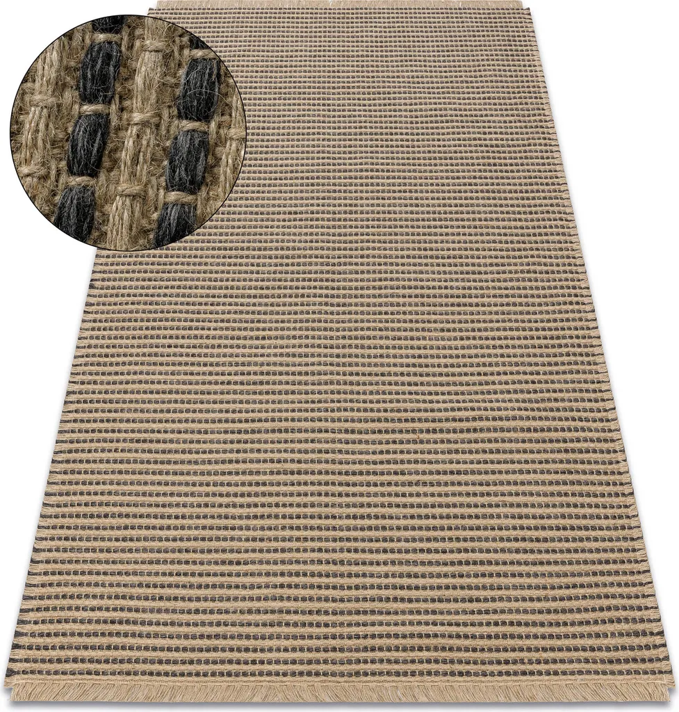 Tapis JUTE 3652 noir et beige à lignes, tissé plat frangé 80x150 cm