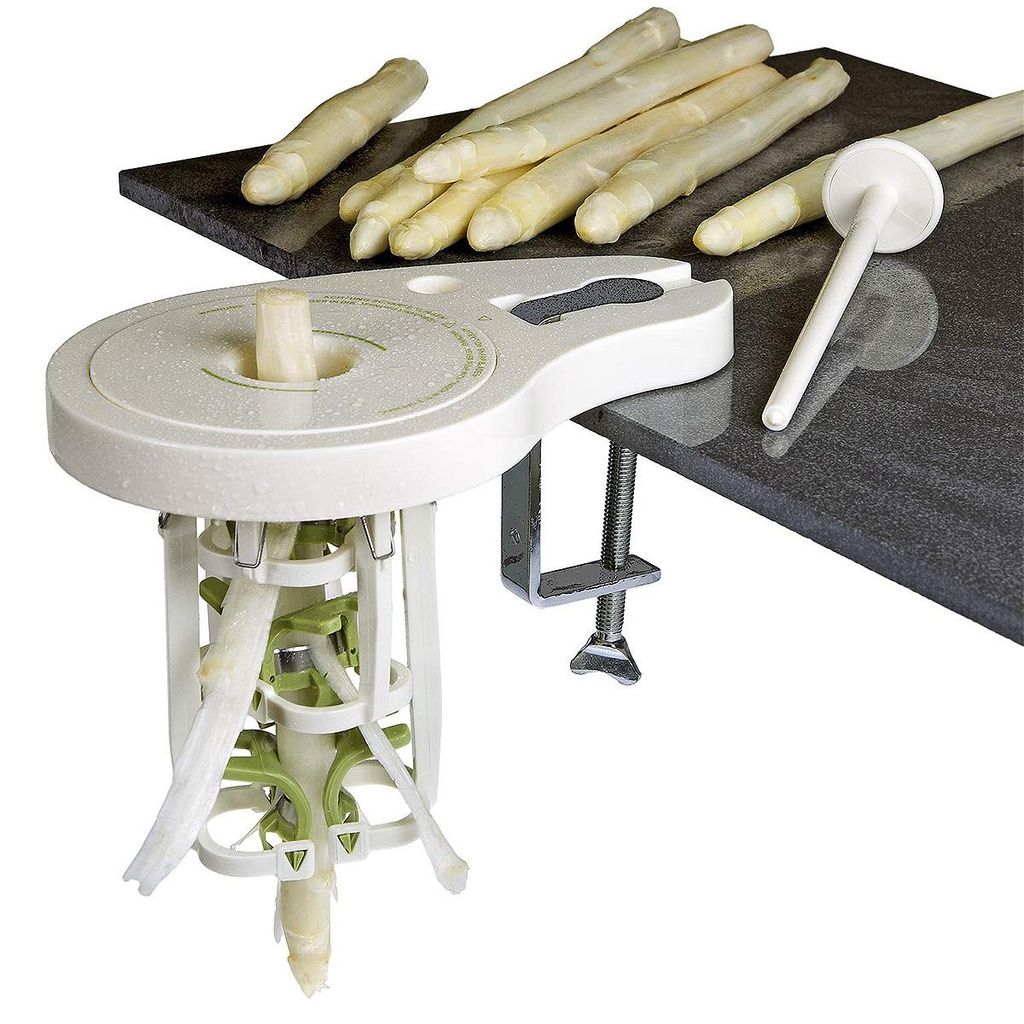 Spargelschäler mit 6 Präzisionsklingen, manuell, mit Schraubzwinge & Stößel, stromloser Schäler für weißen Spargel, ABS & Edelstahl 304