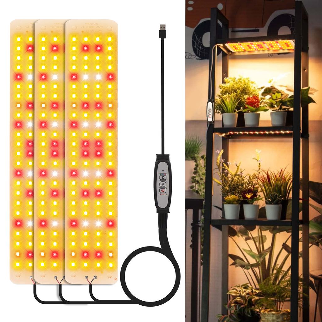 A product shot of three LED grow light panels and a separate image of a plant shelf with grow lights installed.