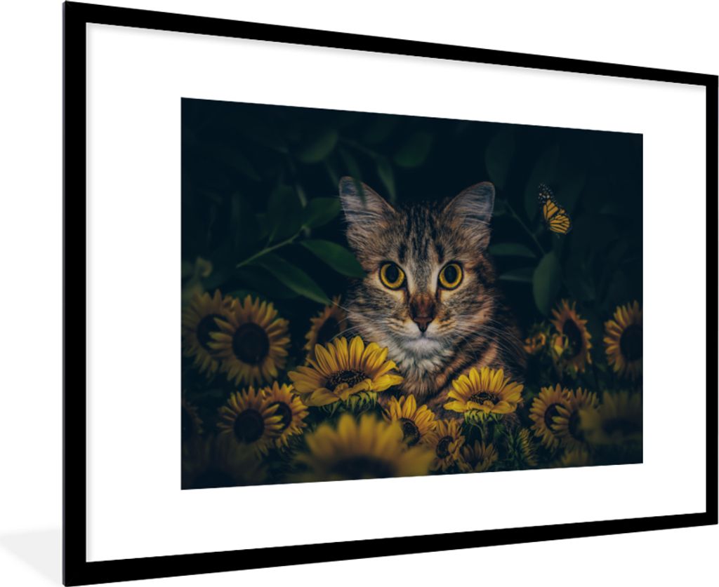 MuchoWow® Gerahmtes Poster Katze - Gelb - Blumen - Produktbild 