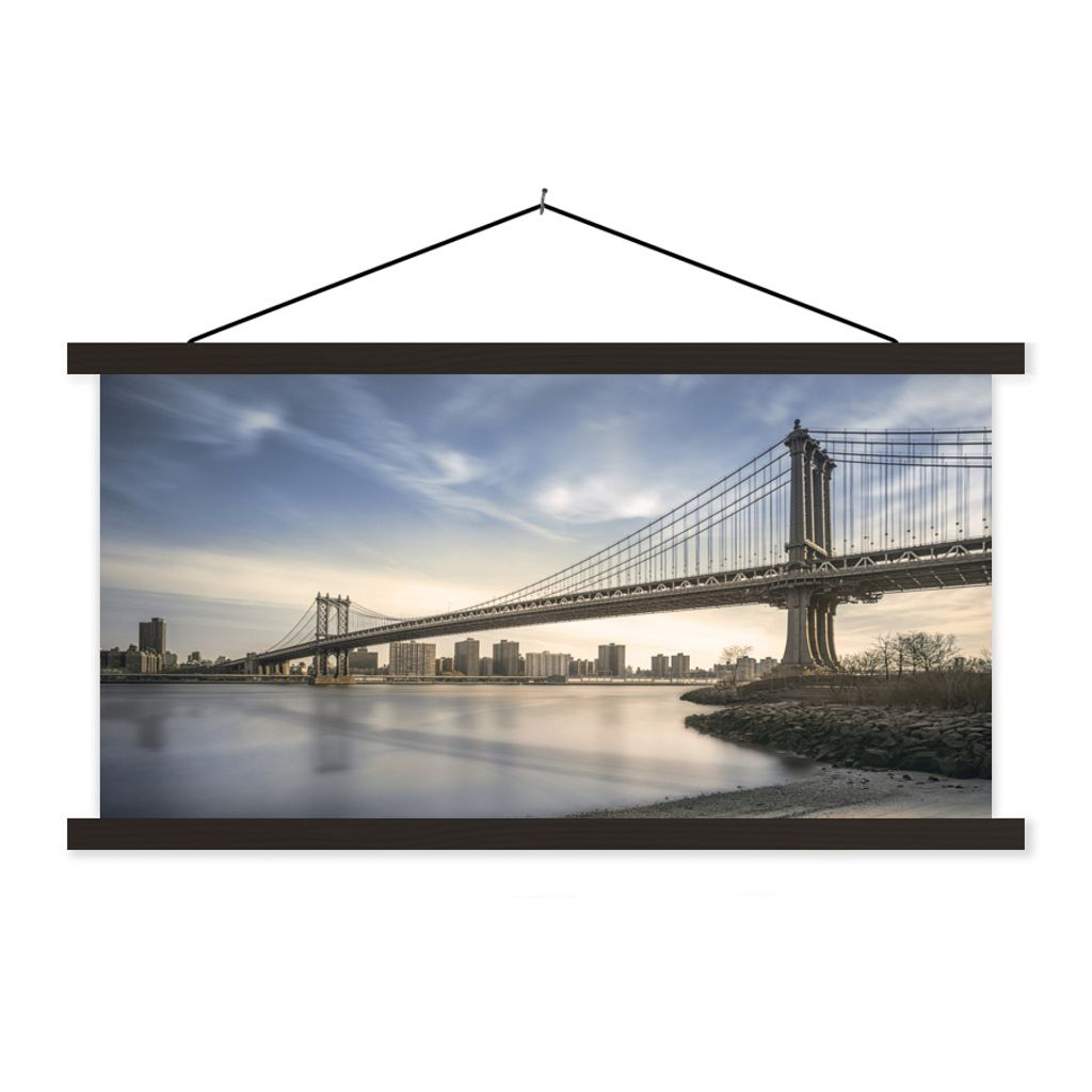 MuchoWow Textilposter New York - Fluss - Brücke 150x75 cm mit schwarzem Rahmen - Posterleiste