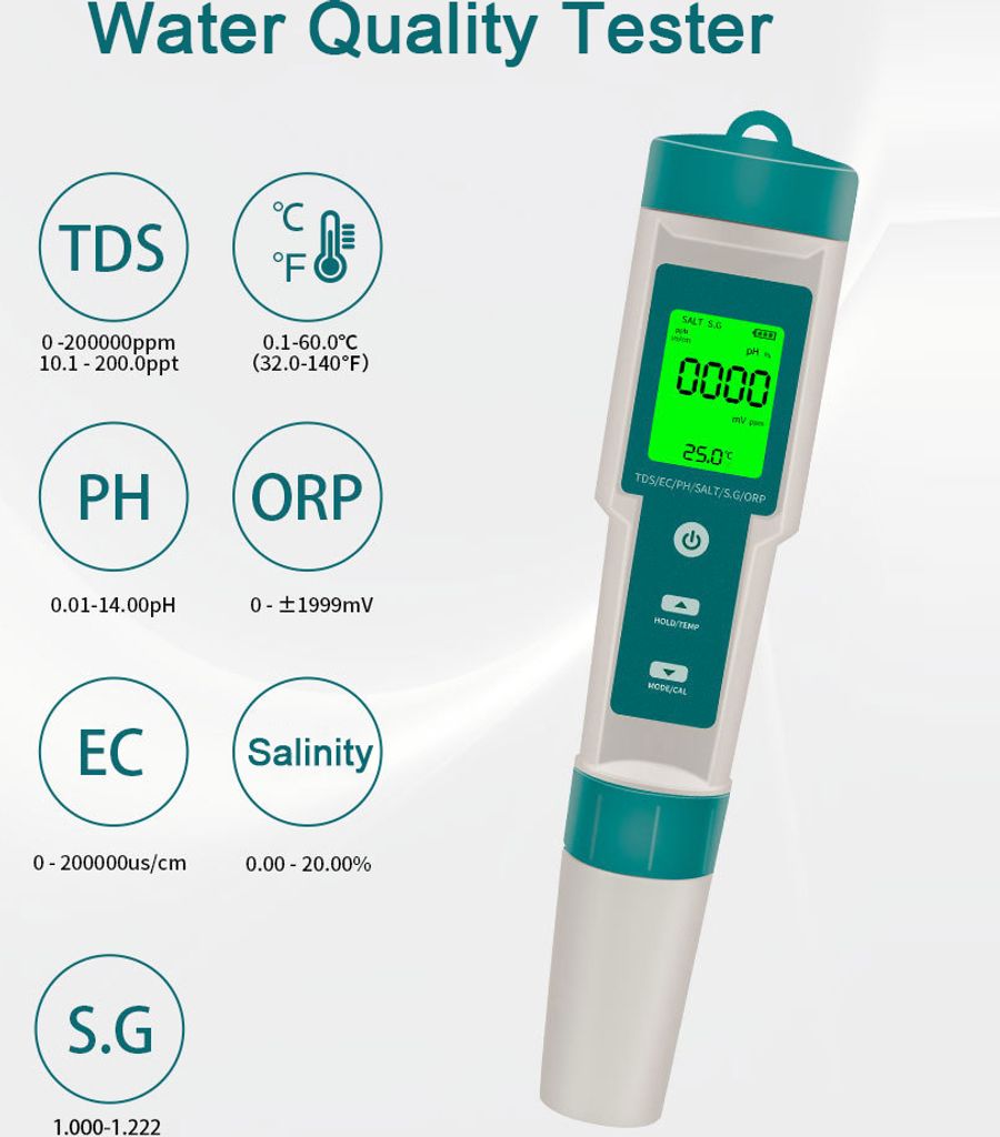 Digitales 7-in-1 Wasserqualität Messgerät – pH, TDS, EC, Salzgehalt, ORP, Temperatur & Dichte – tragbar & hochgenau