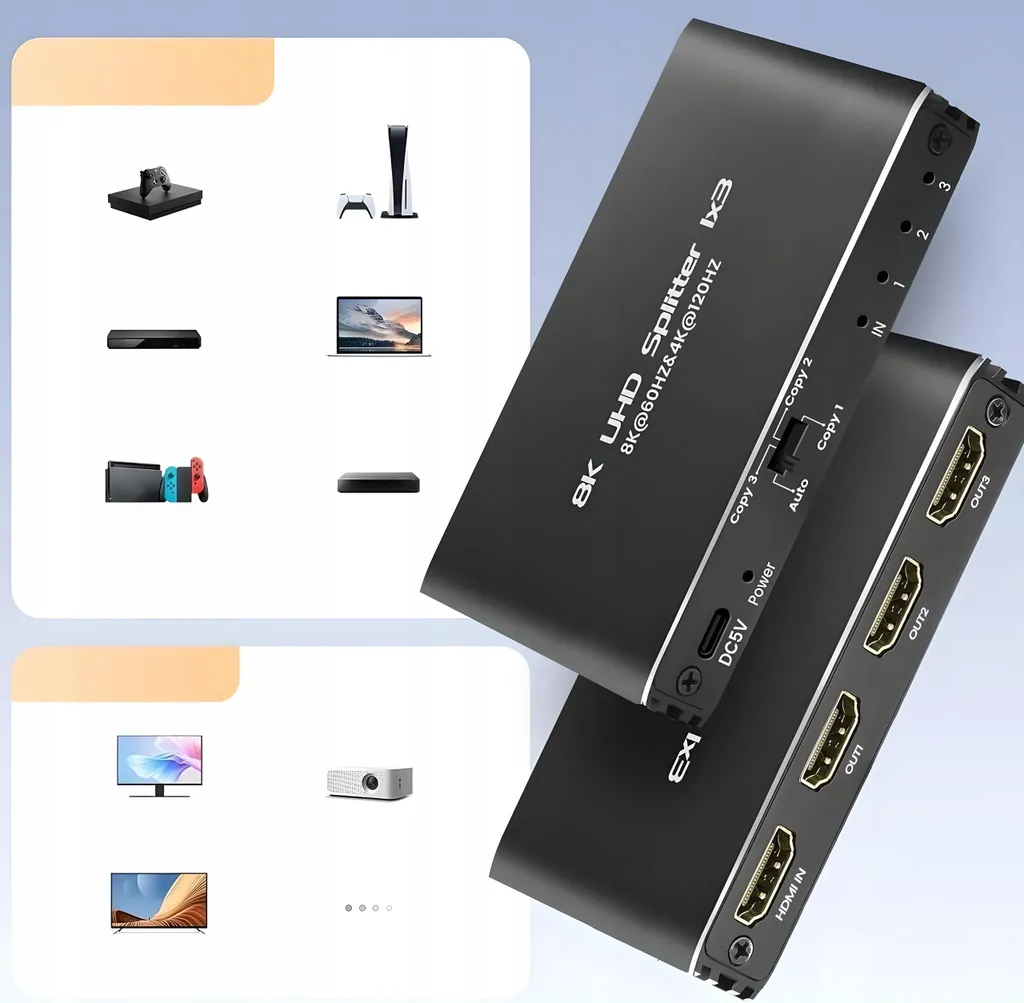 Hdmi 2.1 Splitter 1X3 Ultrahd Splitter Hdcp 2.3 8K60Hz 4K 120Hz - 3 Tv - 5
