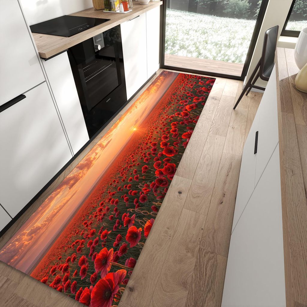 Küchenteppich 80x300cm rutschfest & abwischbar PVC Läufer - Mohnfeld Sonnenuntergang