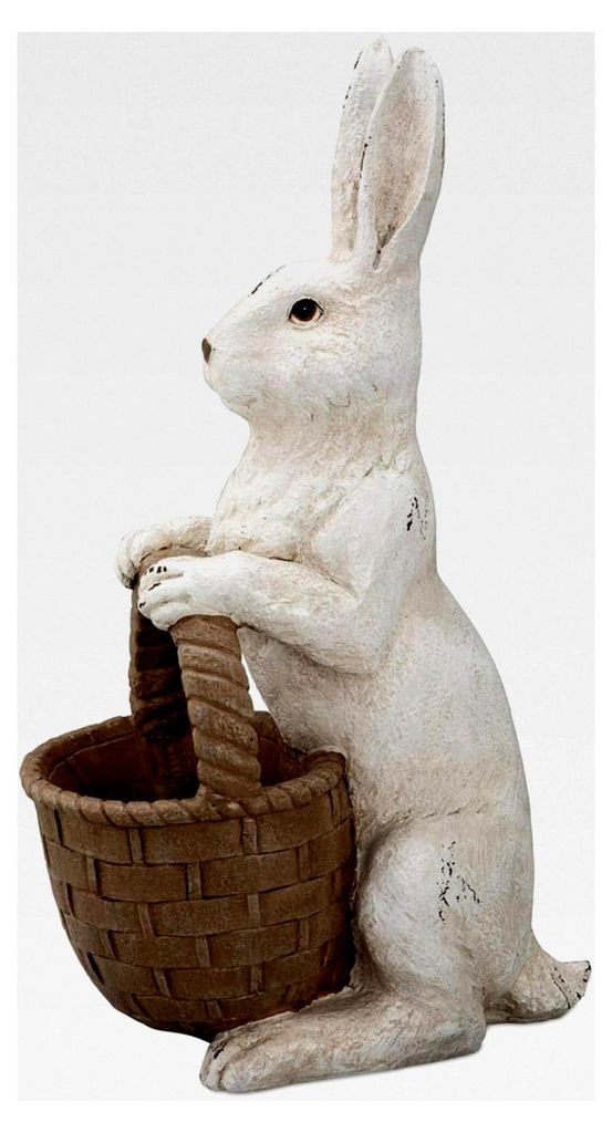 große Deko-Hasenfigur aus Kunststein ca. 42 cm - sitzender weißer Osterhase mit braunem Korb - Polyresin Osterdeko für Frühling