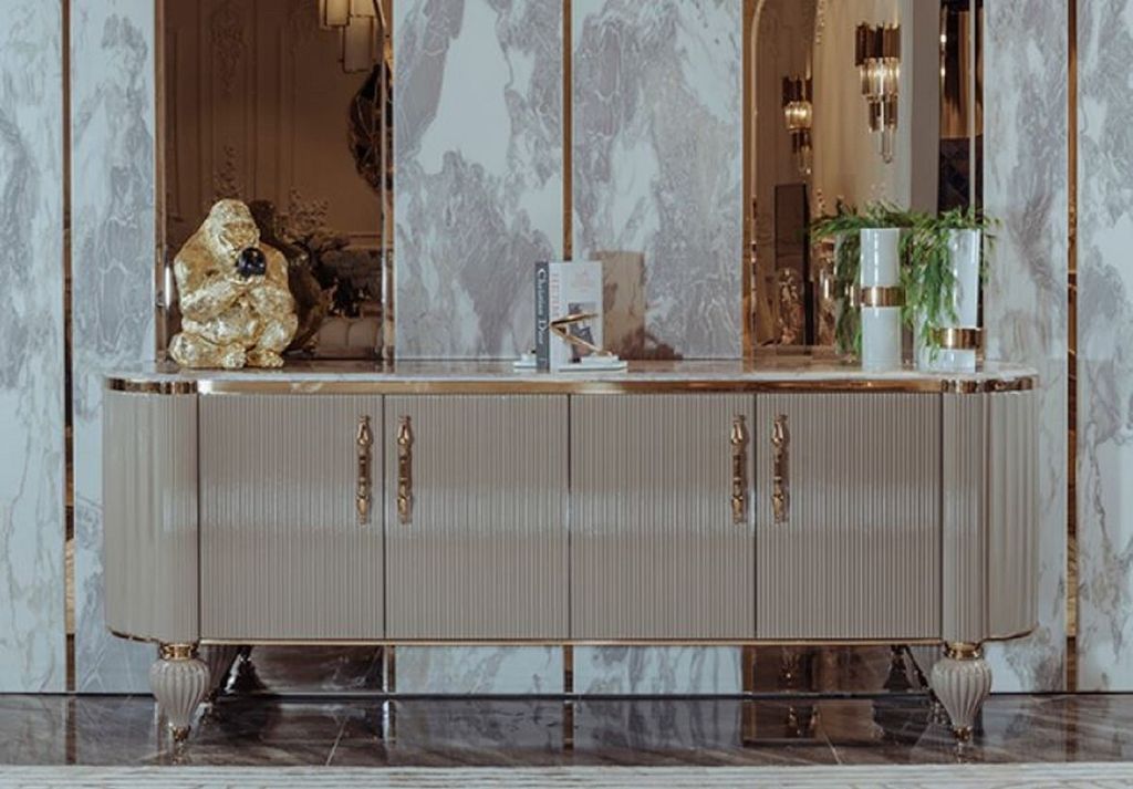 Casa Padrino Luxus Art Deco Sideboard Grau / Weiß / Gold 235 x 54 x H. 90 cm - Edler Massivholz Schrank mit 4 Türen und Kunstmarmor Platte - Art ...