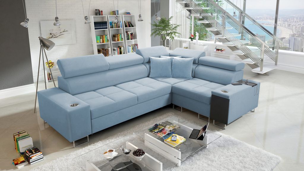 Kaiser Möbel Elegantes Ecksofa mit Konsole und Ladegerät MORENA II Uttario Velvet Blau Rechts