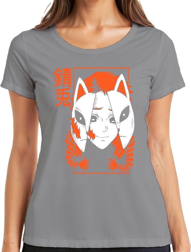 Kitsune Maske Anime Fuchsmasken Cosplay Otaku Geschenk düster Damen T-Shirt, Grau, S