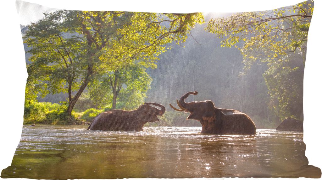 MuchoWow Zierkissen Sofakissen Wohnzimmer Dekokissen 50x30 cm Elefant - Wasser - Tiere - Bäume - Sonne - Wohnzimmerdekoration - Polster mit Photo