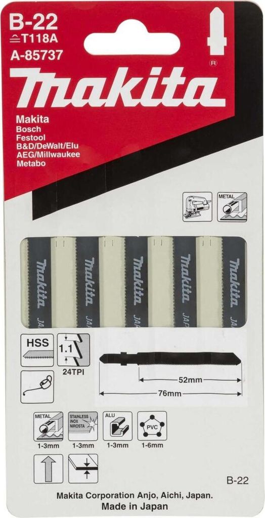 The image shows the packaging of Makita jigsaw blades.